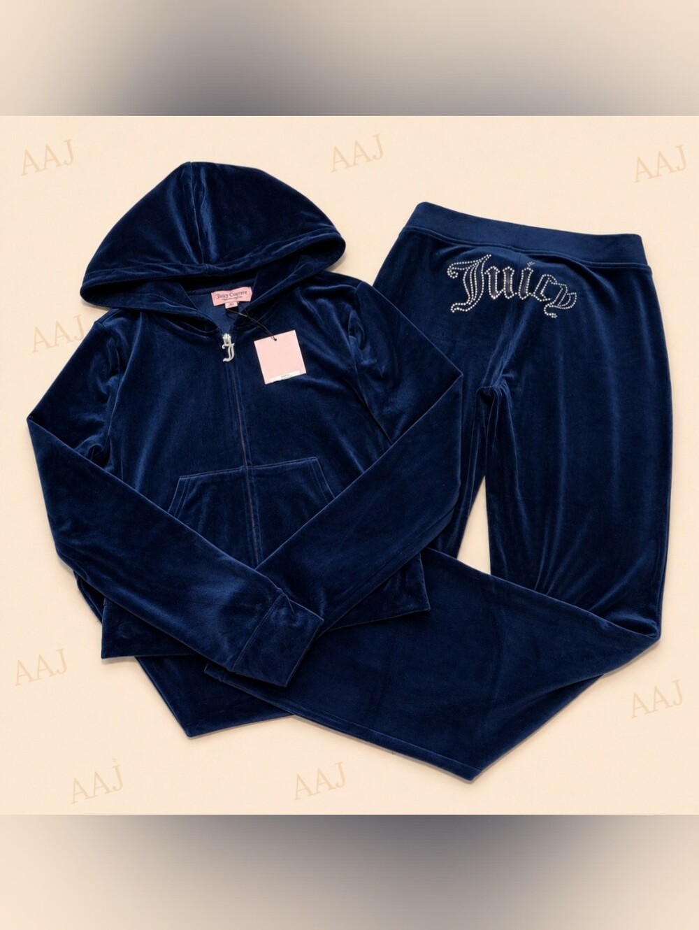 Juicy Couture Alantis Velour Hallow Rhinestone Logo Zip Hoodie & Pants Set - M